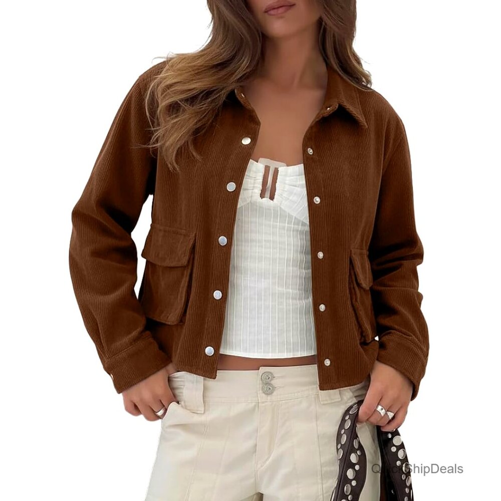 Cropped Corduroy Shacket Jacket, Button Front, Long Sleeves, Lightweight